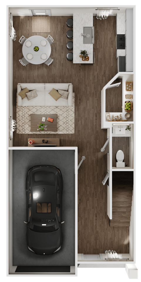 3-D rendering of the lower level of a 3-bedroom, 2.5-bathroom townhouse with garage at Turnberry Park Luxury Rental Homes in Gardendale, AL